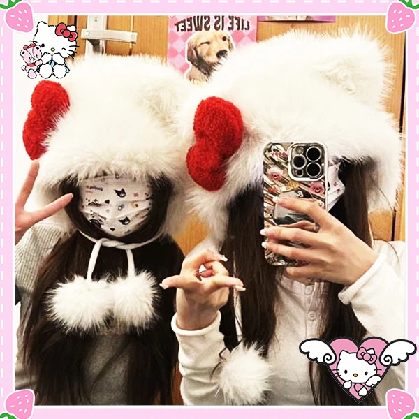 Hello Kitty Plush Hats Kawaii Warming Winter Bow Hairball Stylish Cartoon Decoration Anime Sanrioed Cap Cute Girls Gift Lovely