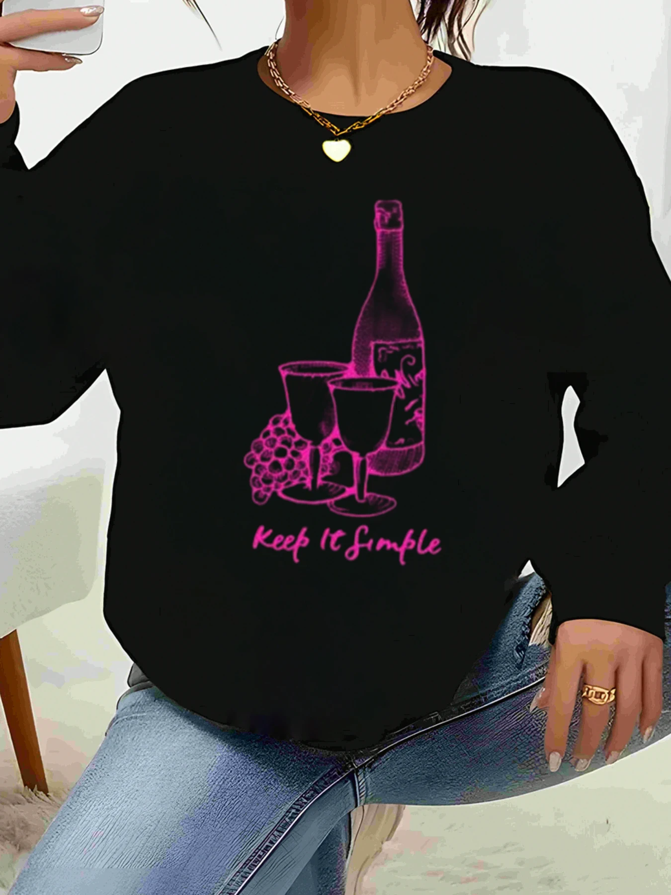 Botella de vino y copas con estampado Keep It, sudadera sencilla, ropa informal, traje de fiesta de moda para mujer