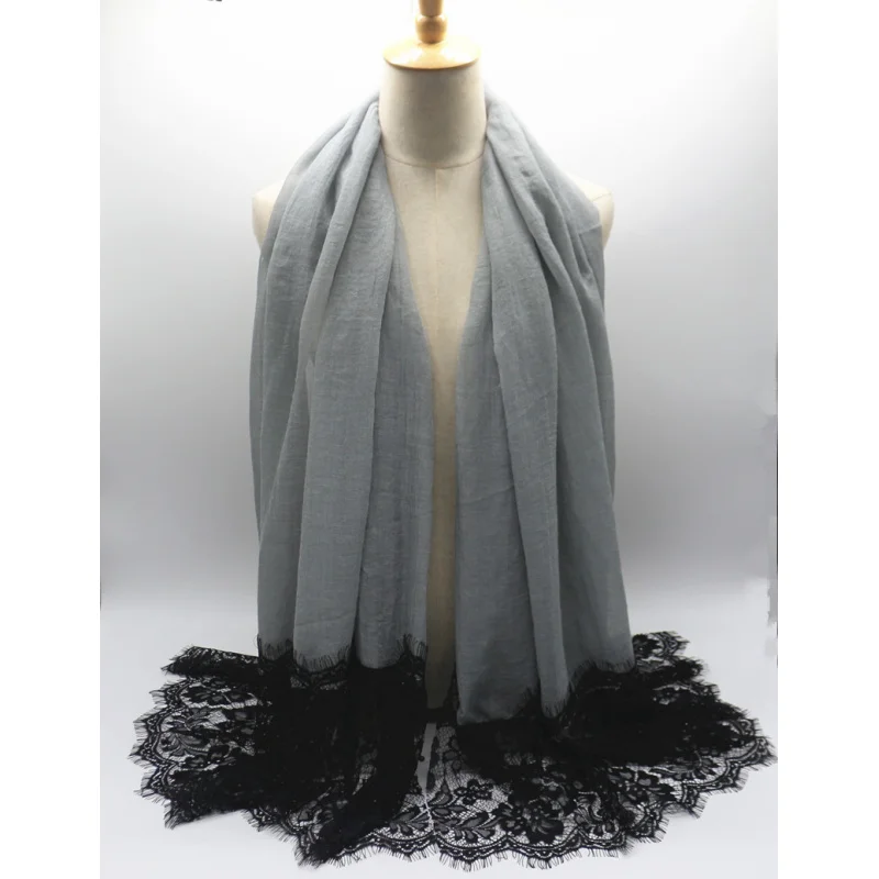 Cotton and Linen Two-Head Black Lace Pearl Scarf Women's Solid Color Closed Toe Shawl Dual-Purpose Silk Scarf