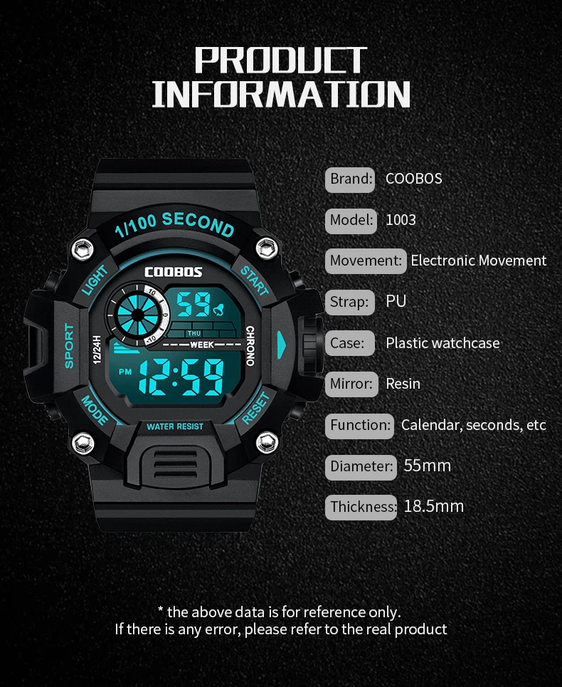 COOBOS 30M Waterproof Digital Watch for Men Sports Electronic LED Wristwatch Casual Luminous Black Blue Man Clock reloj hombre