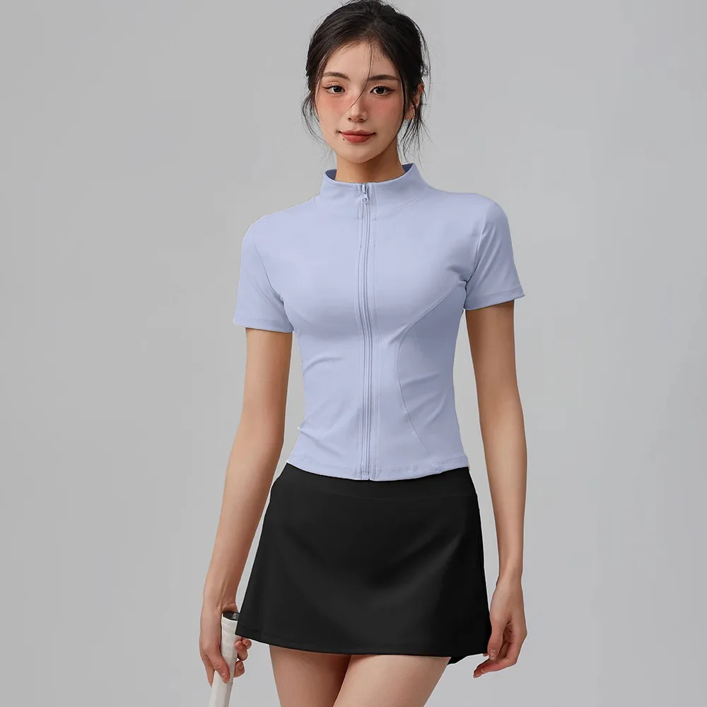 

Summer High Quality Waist Slimming Training Tops Women's Quick-drying Tight Stand Collar Full Zipper Short Sleeves Yoga shirts