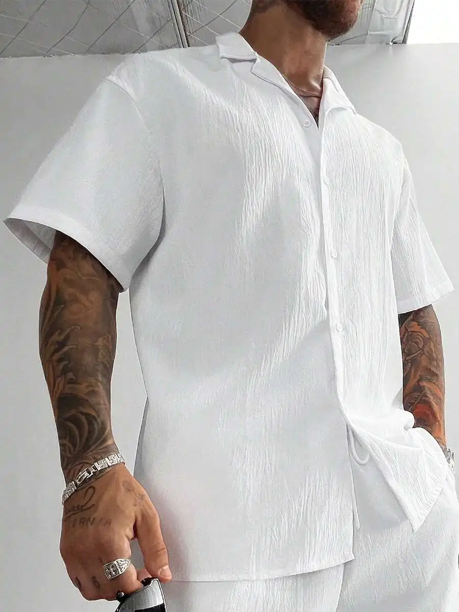 

Men's White Cuban Collar Linen Short Sleeve Shirt Loose Fit Casual Beach Summer Shirt