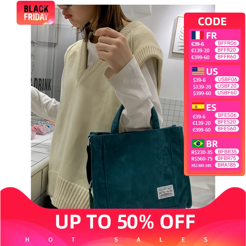 Women Corduroy Zipper Shoulder Bag Small Cotton Canvas Handbag Casual Tote Female Eco Crossbody Bag Vintage Messenger Bags