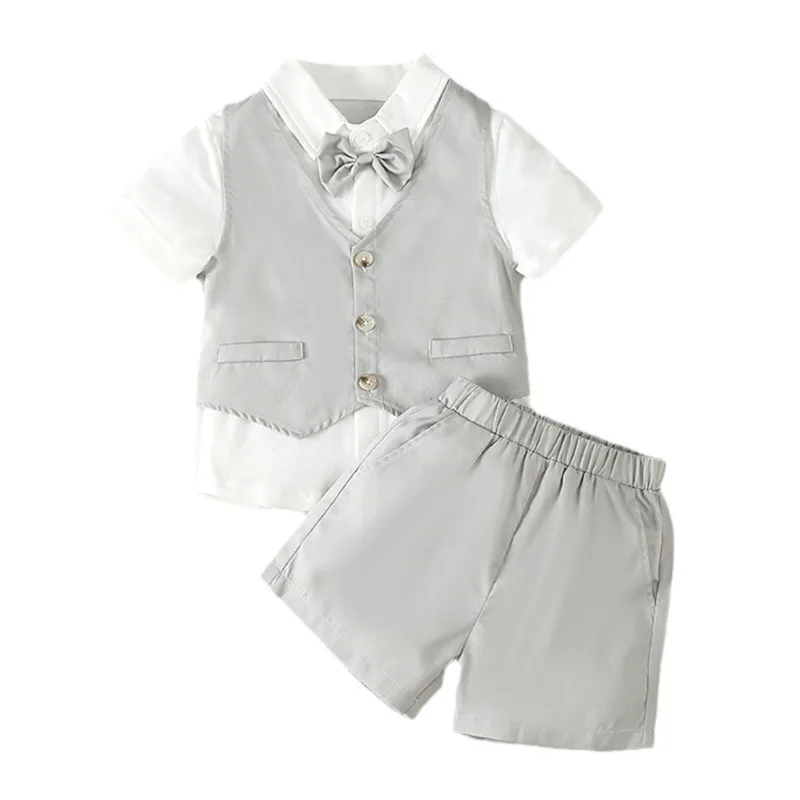 

A 4Piece Sets Spring Fall Kids Clothes Boys Korean Fashion Gentleman Soild Short Sleeve Tops+Shorts Children Boutique Clothing