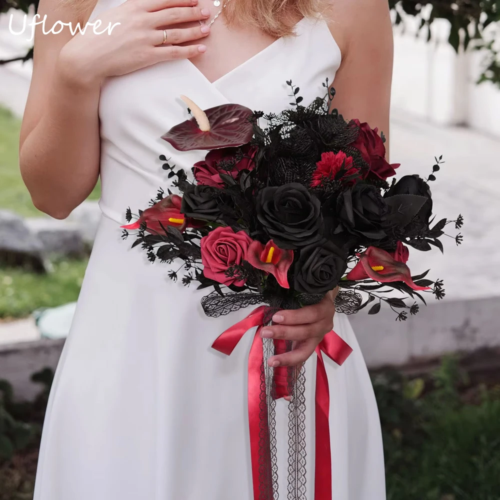 Uflower Black Burgundy Red Rose Hand Bouquet Flower Phpto Prop Wedding Bridal Bridesmaid Floral Arrangement Event Party Supplies