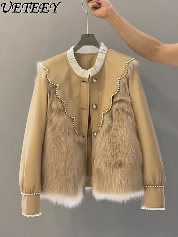 

High Quality Pearl Doll Collar Stitching Imitation Rabbit Fur Coat for Women's Autumn and Winter 2023 New Pu Leather Jacket Top
