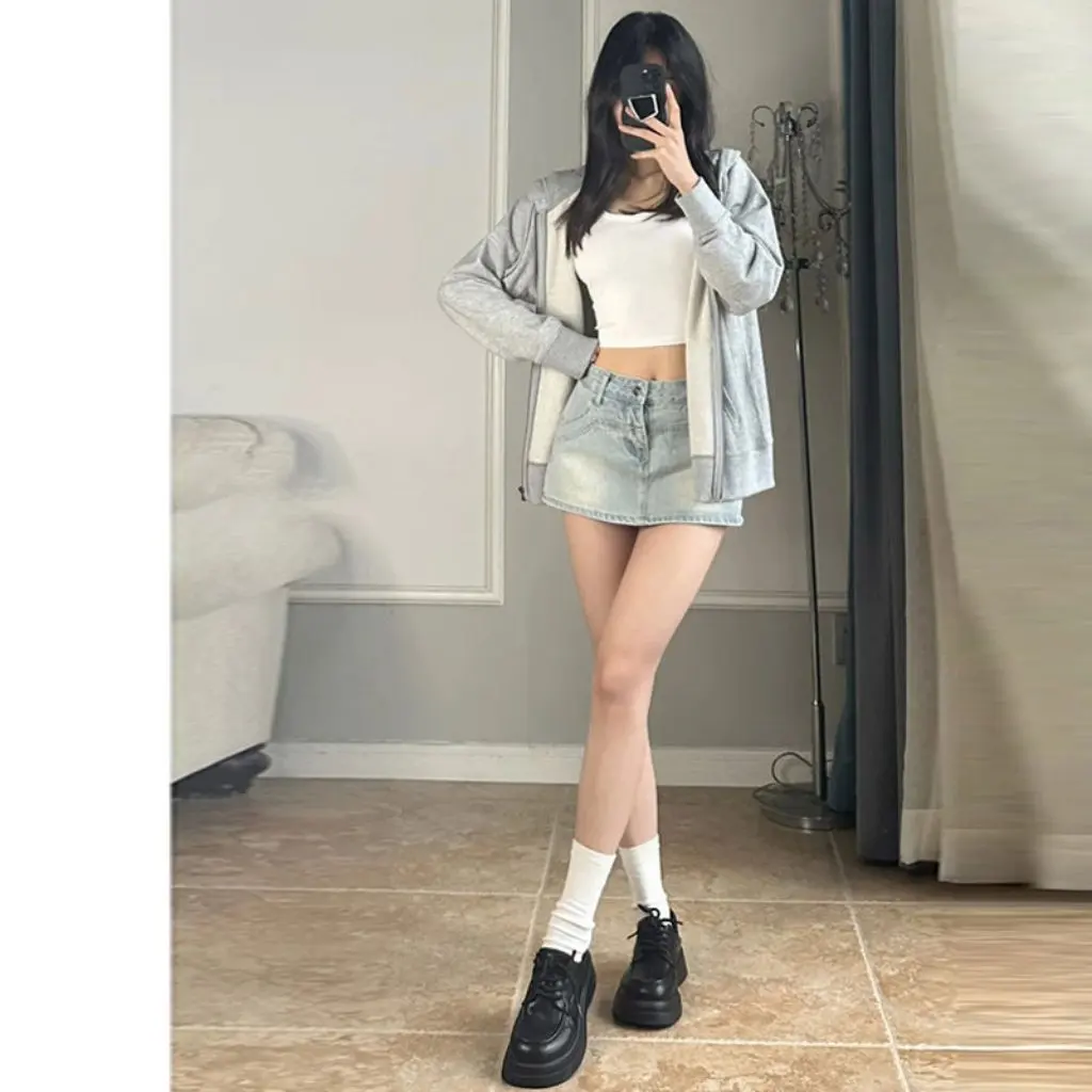

Vintage Spice Girl Denim Skirt for Women Summer American-style High Waist Slim-fit Anti-glare A-line Short Culottes