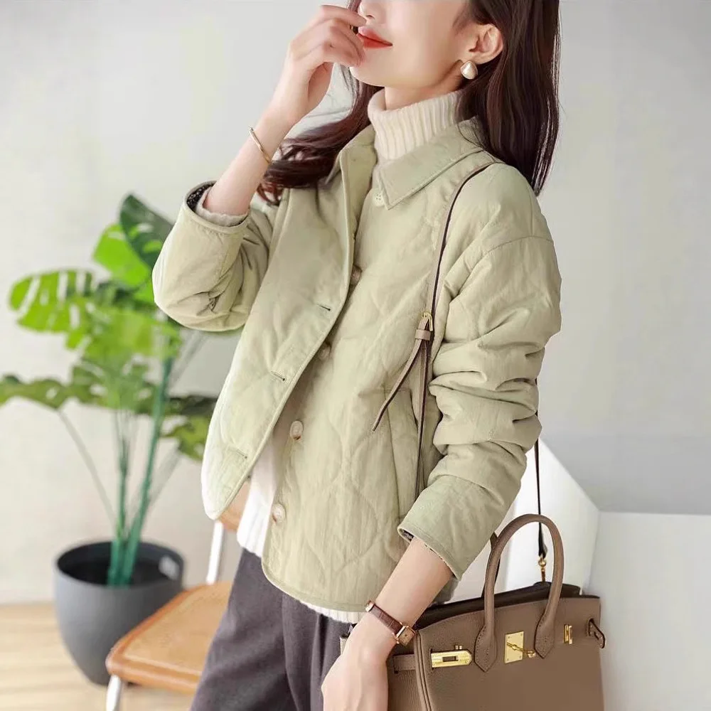 Lightweight Padded Cotton Jacket Short Straight Cut Polo Collar Autumn Winter New Style Women's Fashion Casual Outerwear