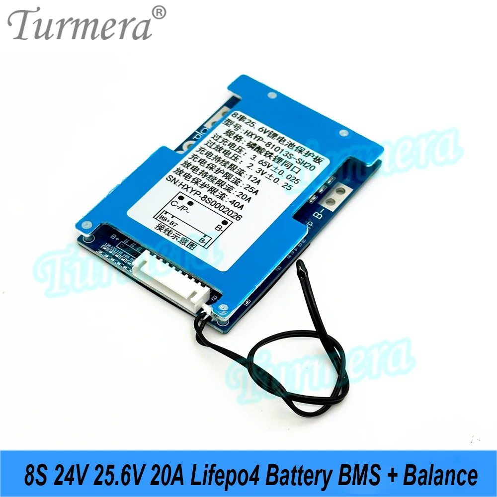 Turmera 8S 24V 25.6V 20A Lifepo4 Battery BMS with Balance NTC Protected for 3.2V 18650 32700 33140 C40 Lifepo4 Batteries Diy Use