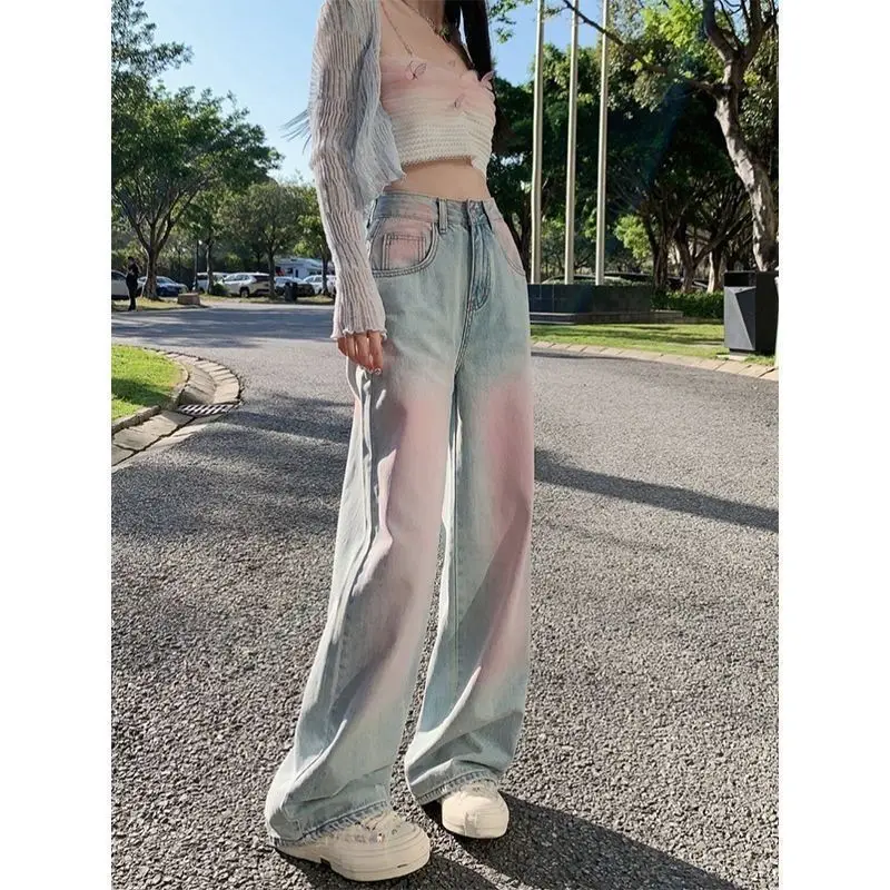 Powder Blusher Gradual Wash Wide Leg Soft Jeans Women\'s Thin High Waist Loose Slim Large Straight Floor Pants