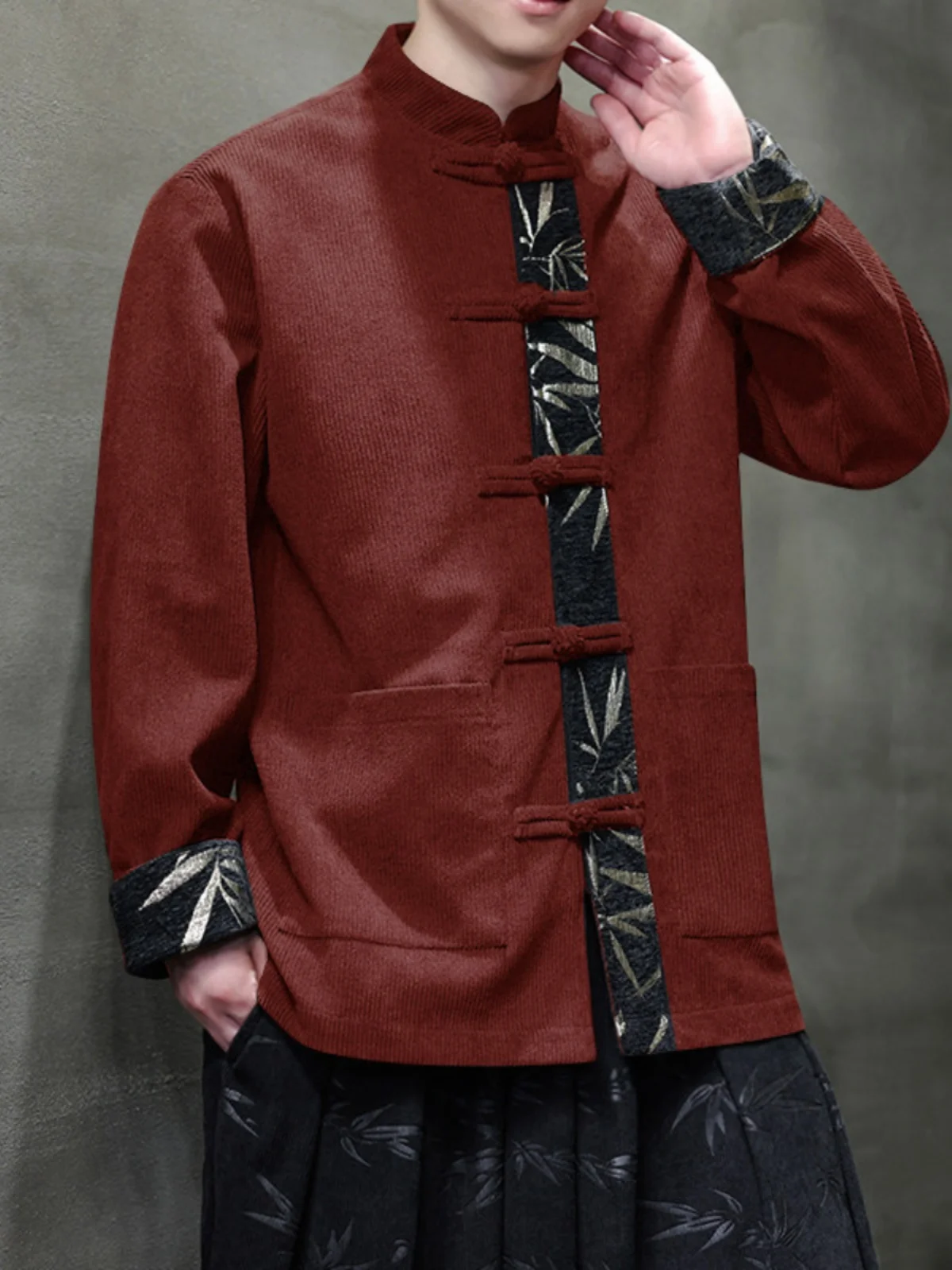 

Autumn Winter Men's Jaet Contrast Color Embroidery Bamboo Le Vintage Buttoned Tang Costume Jaet Youth Faion Stand Fit