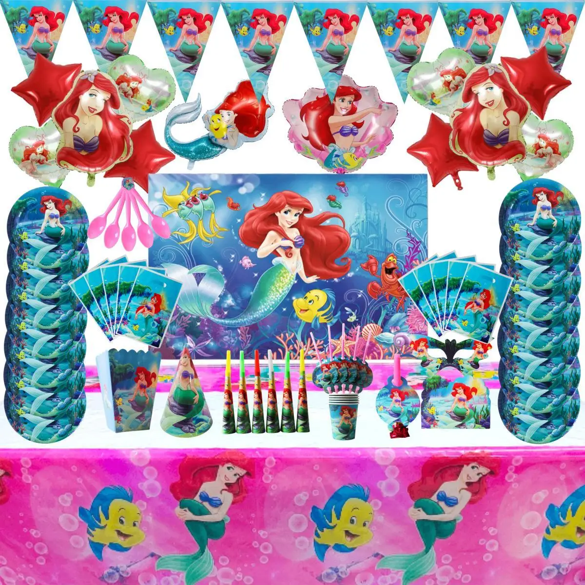 Disney Mermaid Princess Ariel Party Balloon Decorative Articles Birthday Disposable Tableware Party Bags For Children Birthdays