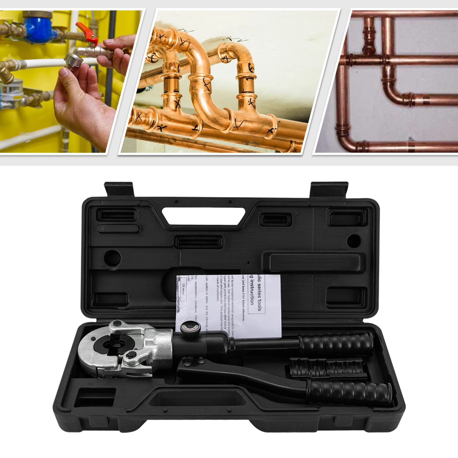 Hydraulic Crimper Tool 80 100KN 360 Rotating Head with 3 Dies VAU15 VAU20 VAU25 for Copper Pipe Auto Repair HVAC Electrical Work