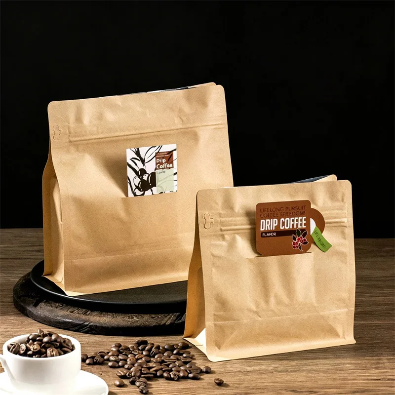 50Pcs Kraft Paper Coffee Bag Seal Stand Up Pouch Zipper Resealable For Coffee Beans Powder Packaging Bag With Label Pocket