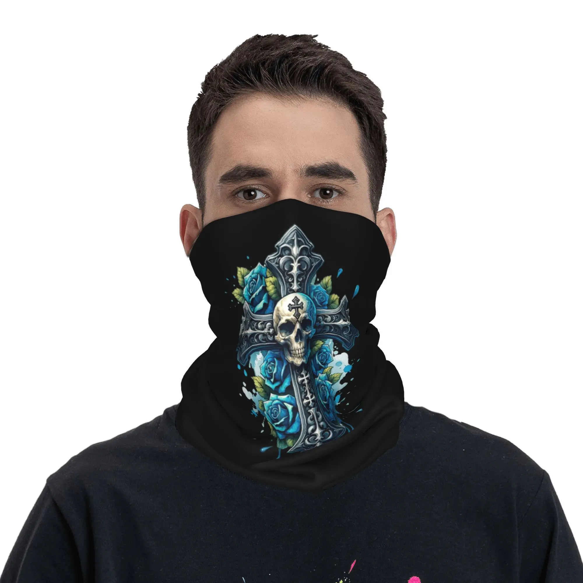 Gothic Floral Skull Cross Bandana Neck Gaiter Printed Face Scarf Multi-use Headwear Running For Men Women Adult