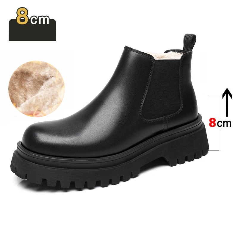 

Winter New Men's Chelsea Boots Elevator Shoes 8CM Height Increasing Shoes For Man Black Platform Outdoor Keep Warm Snow Boots