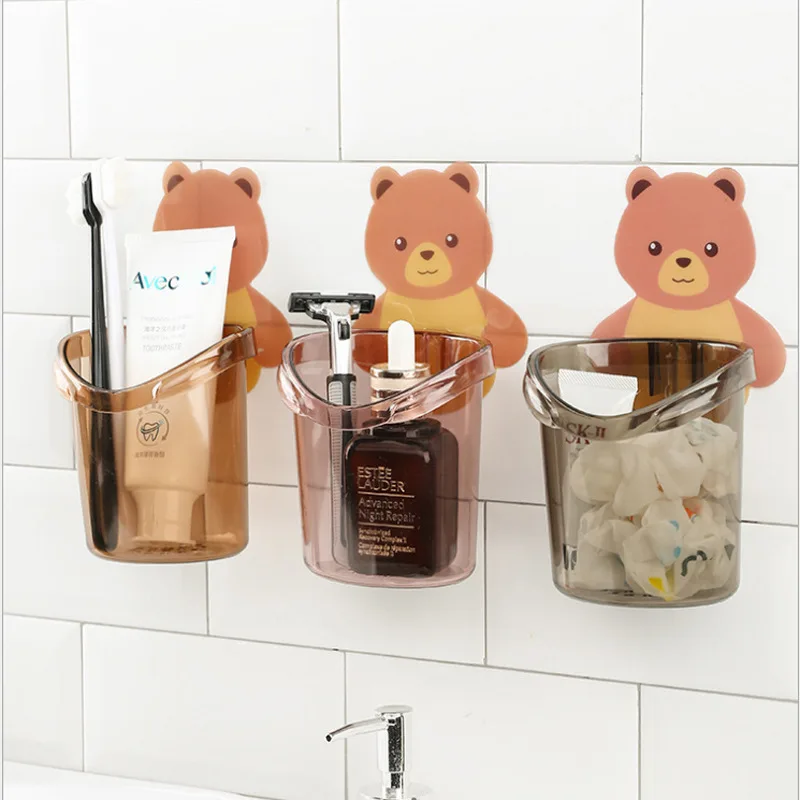 1Pcs Teddy Bear Wall Mounted Toothbrush Holder Cup Punch Free Storage Rack Bathroom Supplies Organizer Bathroom Accessories