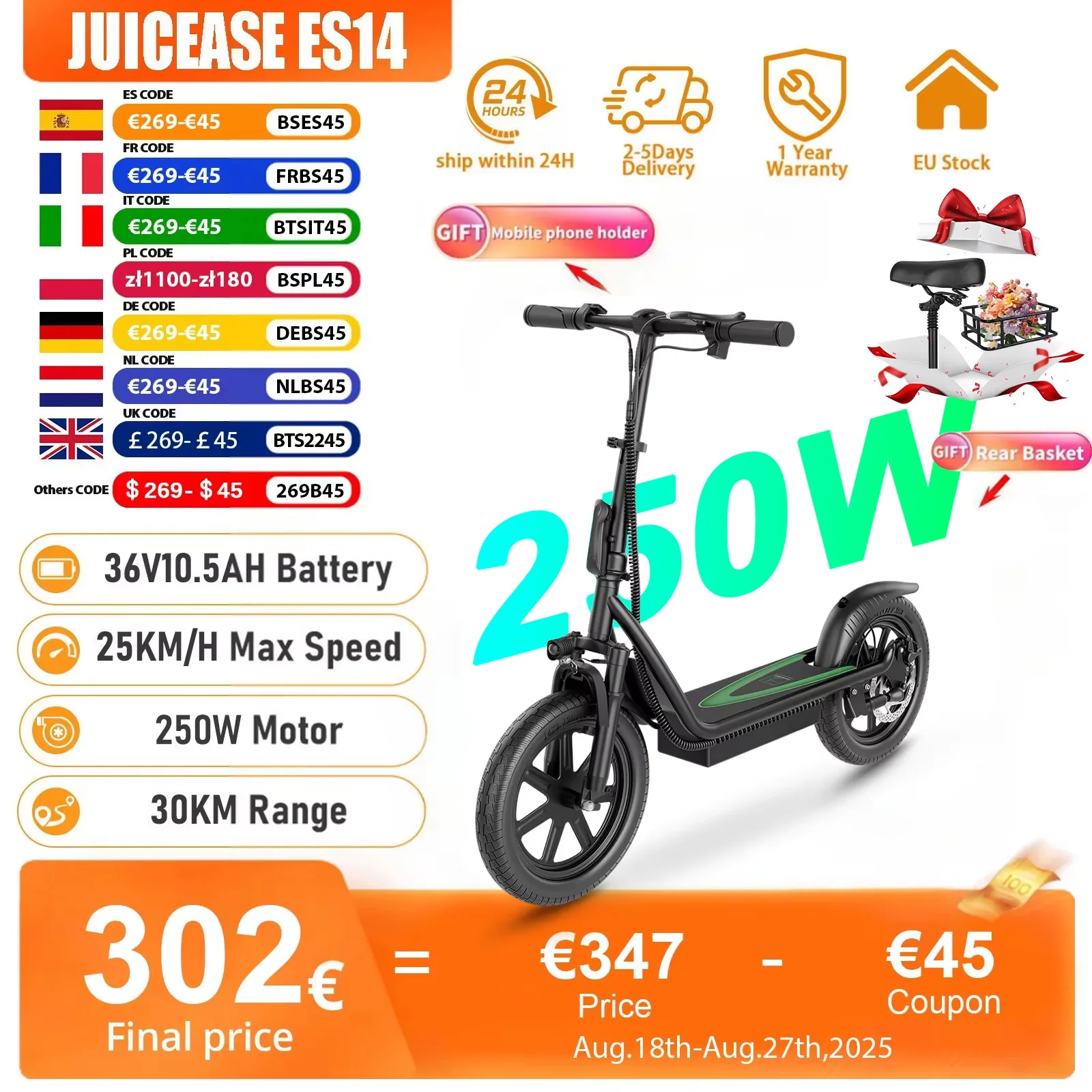 Saft ease es14 17.5ah Elektro roller 36v 14 Zoll Reifen Urban LED Licht Telefon halter Einkaufs korb leistungs starke Roller elektrisch