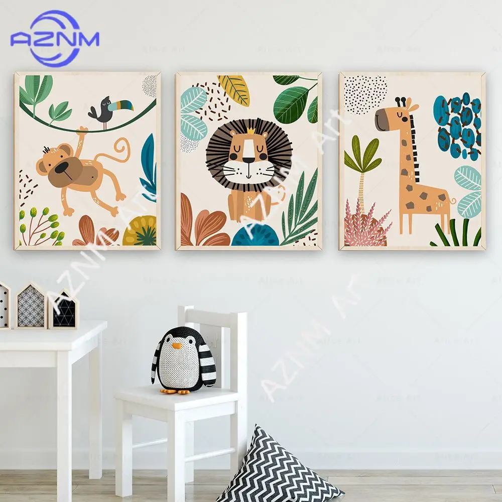 Safari Animal Nursery Wall Art Prints - Cute Cartoon Lion, Giraffe & Elephant Canvas Posters, Tropical Jungle Themed Decor