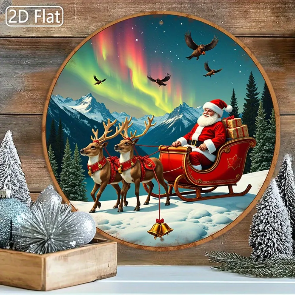 لافتة معدنية على شكل سانتا غريب الأطوار - لوحة فنية جدارية مستديرة من الألومنيوم مع مشهد غزال جبلي، ديكور عيد الميلاد قابل لإعادة الاستخدام للمطبخ المنزلي #5