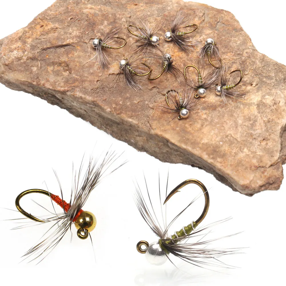 Bimoo 6pcs #12# 14 #16 Tungsten Bead Head Grizzly Hackle Jig Nymph Fly Fast Sinking Barbed Wet Euro Nymph Fly Trout Fishing Lure