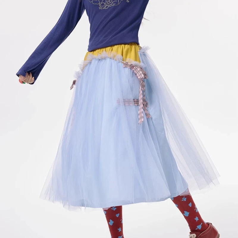 Japanese 2025 Spring New Women's Clothing Light Blue Splicing Bow Cotton Yarn Skirt Sweet Cute Versatile Fluffy Skirts Ladies