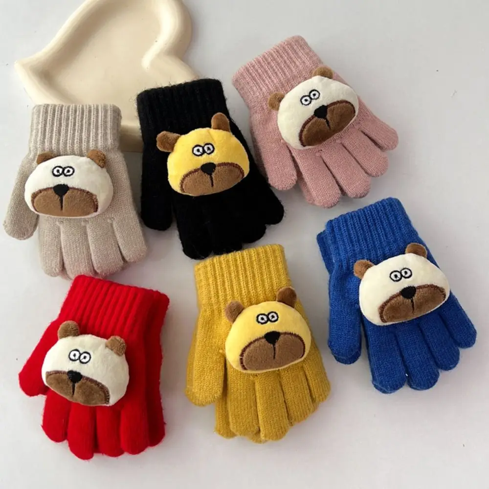 

Fashion Cartoon Bear Warm Gloves Thickened Cold Proof Five Fingers Mitten Windproof Riding Gloves for Children