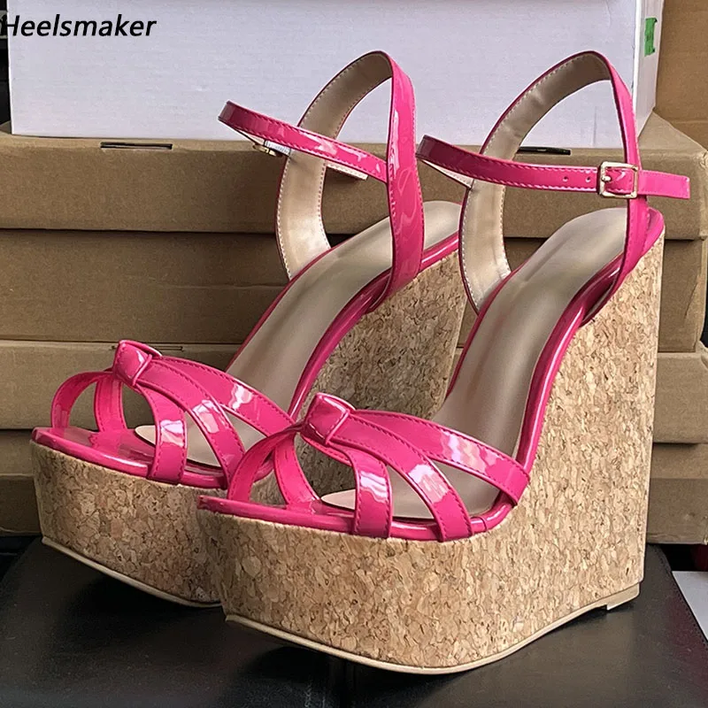 

Sukeia Handmade Women Platform Sandals Wedges Heels Round Toe Beautiful Fuchsia Party Shoes Ladies US Plus Size 5-20