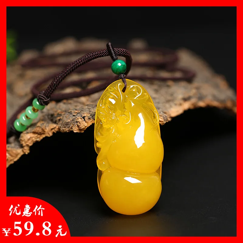 Second-generation amber gourd pendant in chicken oil yellow, carp sweater chain with hanging cord, unisex necklace