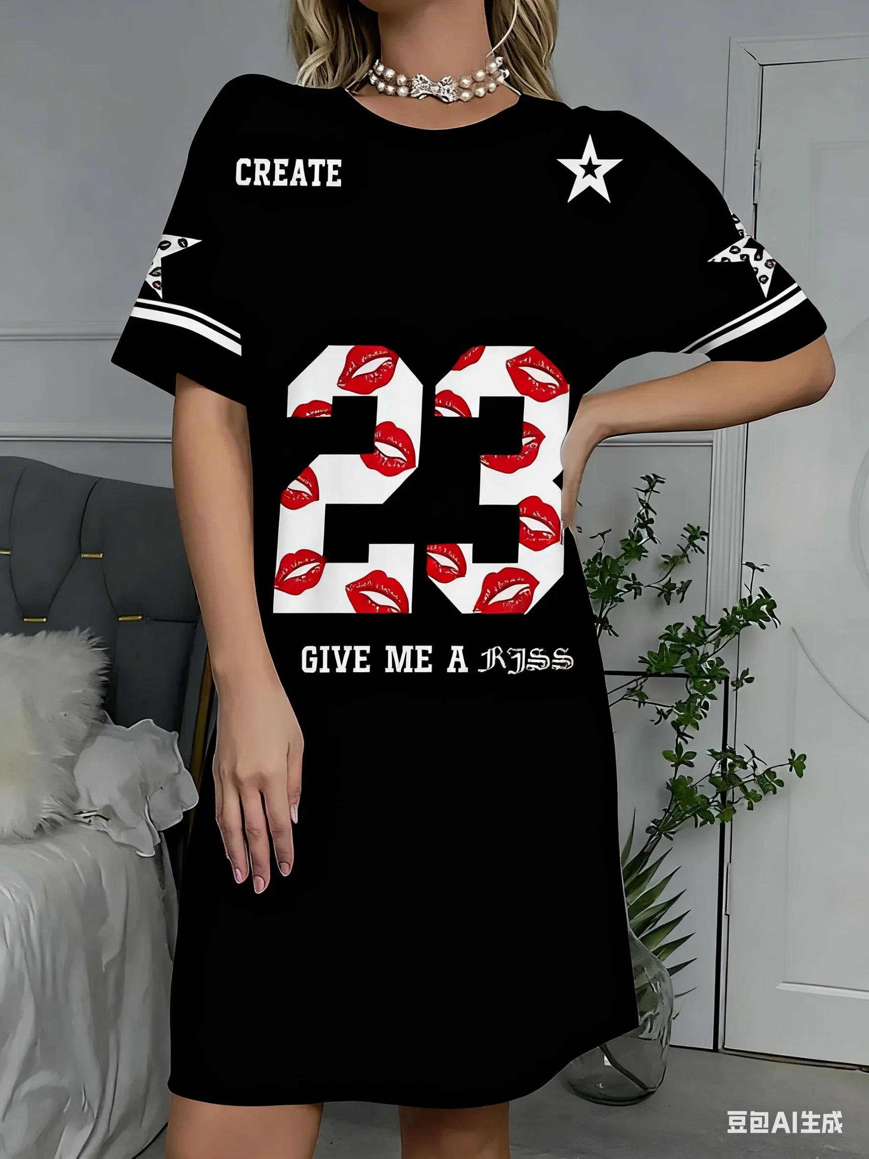 เดรสเสื้อยืดผู้หญิงไซส์ใหญ่ลำลอง รุ่น NO.23 ลายพิมพ์ คอกลม แขนสั้น สไตล์สวม ผ้าสำหรับฤดูร้อน เสื้อผ้าผู้หญิง