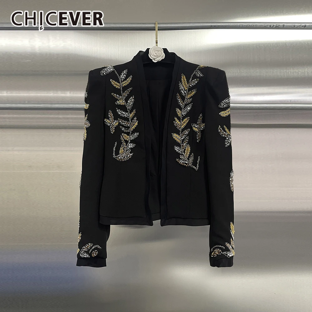 

CHICEVER черная роскошная куртка с бисером женская с v-образным вырезом и длинным рукавом свободные офисные женские куртки осенний модный стиль