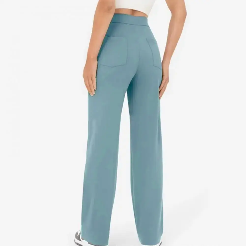 Vrouwen Broek Hoge Taille Wijde Pijpen Rechte Losse Effen Kleur Knoopsluiting Elastische Zakken Casual Dame Zachte Broek