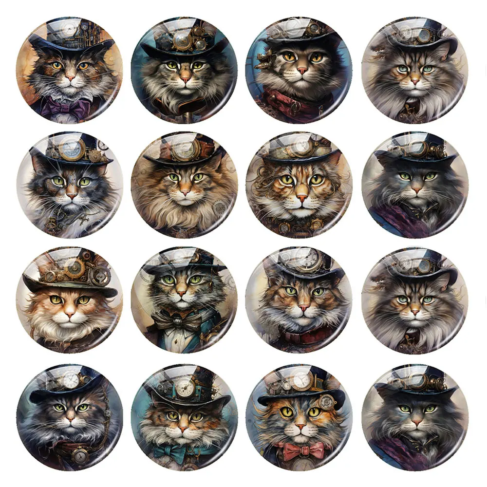 Handmade Steampunk Cat Kitten Photo Glass Cabochon Flatback Demo Flat Back Cameo For Diy Jewelry Making Supplies Accessories