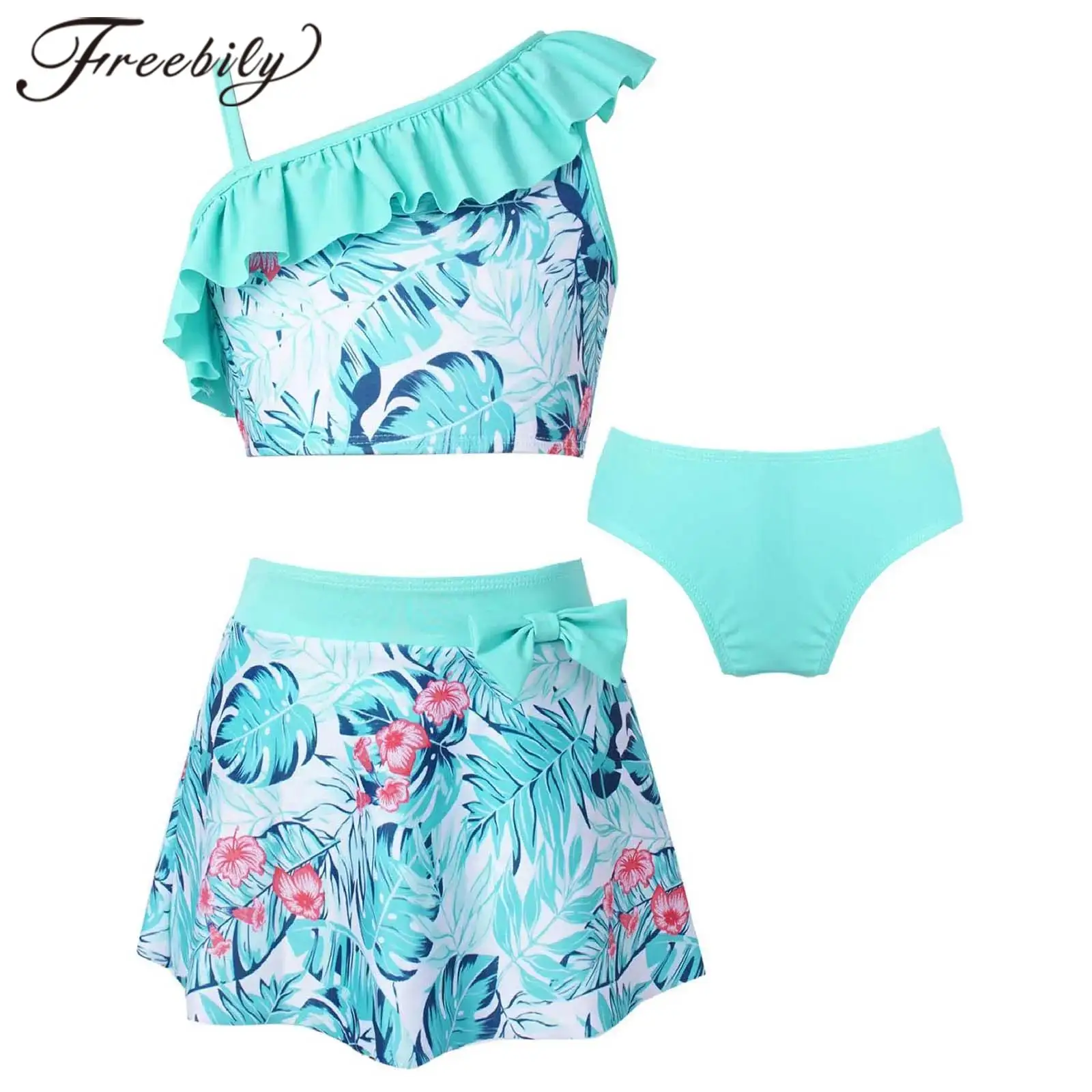 

3Pcs Kids Girls Ruffled Swimwear Bathing Suit Floral Print Swimming Suit Crop Tops Skirt Briefs Swim Set for Beach Pool Swimsuit