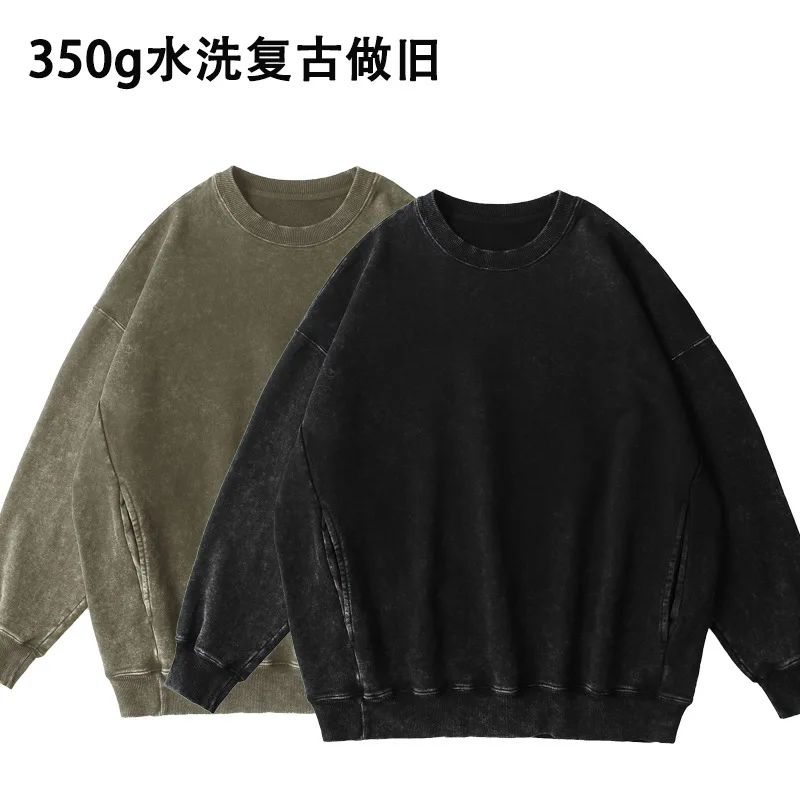 New O-neck Side Hood Made of Pure Cotton Hoodie Vintage Clothes Washed Long Sleeve Man T-shirt Long Sleeve Tops Fashion T-shirt