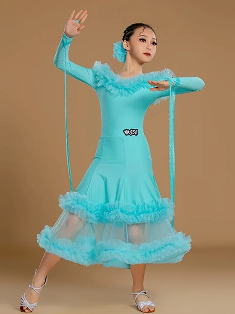 Kids Girls Waltz Tango Ballroom Dance Professional Training Dresses Bodysuit and Mesh Ruffles Skirts Modern Dancing Costumes
