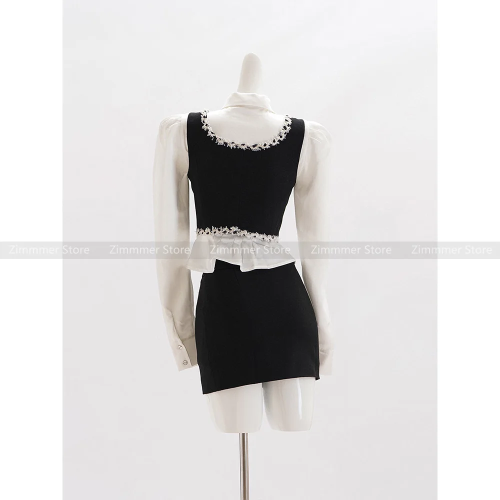 High Quality! Niche Celebrity Sweet Spice Style Airy Lightweight Hand Knit Lace Vest + Half Body Skirt Set