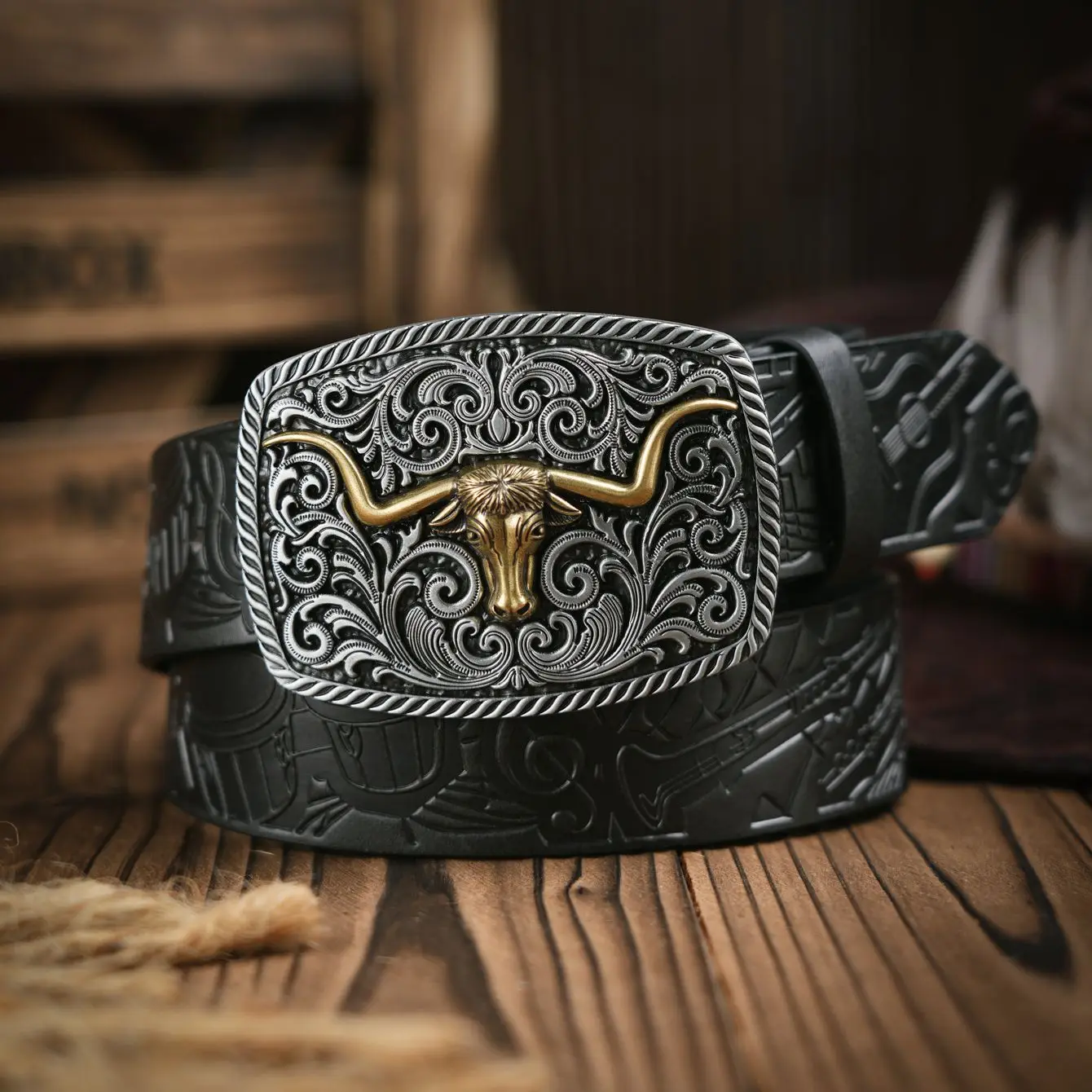 Western Cowboy PU Leather Belt - Men Waist Strap Bull Decoration Floral Engraved Jeans pantalones hombre pasek spodni accessori