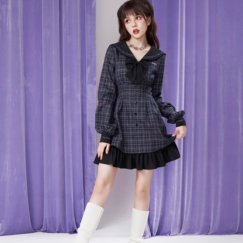 2024 New Japanese Style JK Vestidos Summer Slimming Waist-Tight Sailor Collar Lantern Long Sleeves Plaid Dress Sweet Cool Female