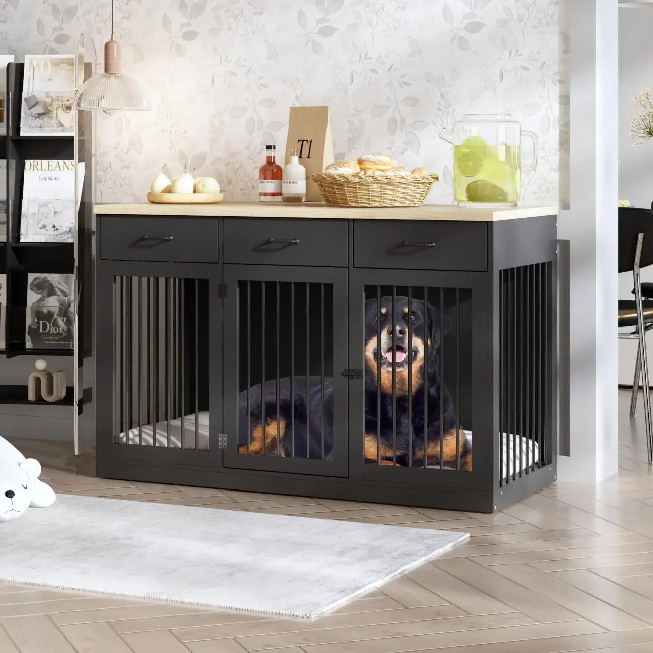 

Dog Crate Furniture with 3 Drawers, Indoor Heavy Duty Dog Kennel House, 55.3" Furniture Style Dog Crate Side End Table TV Stand