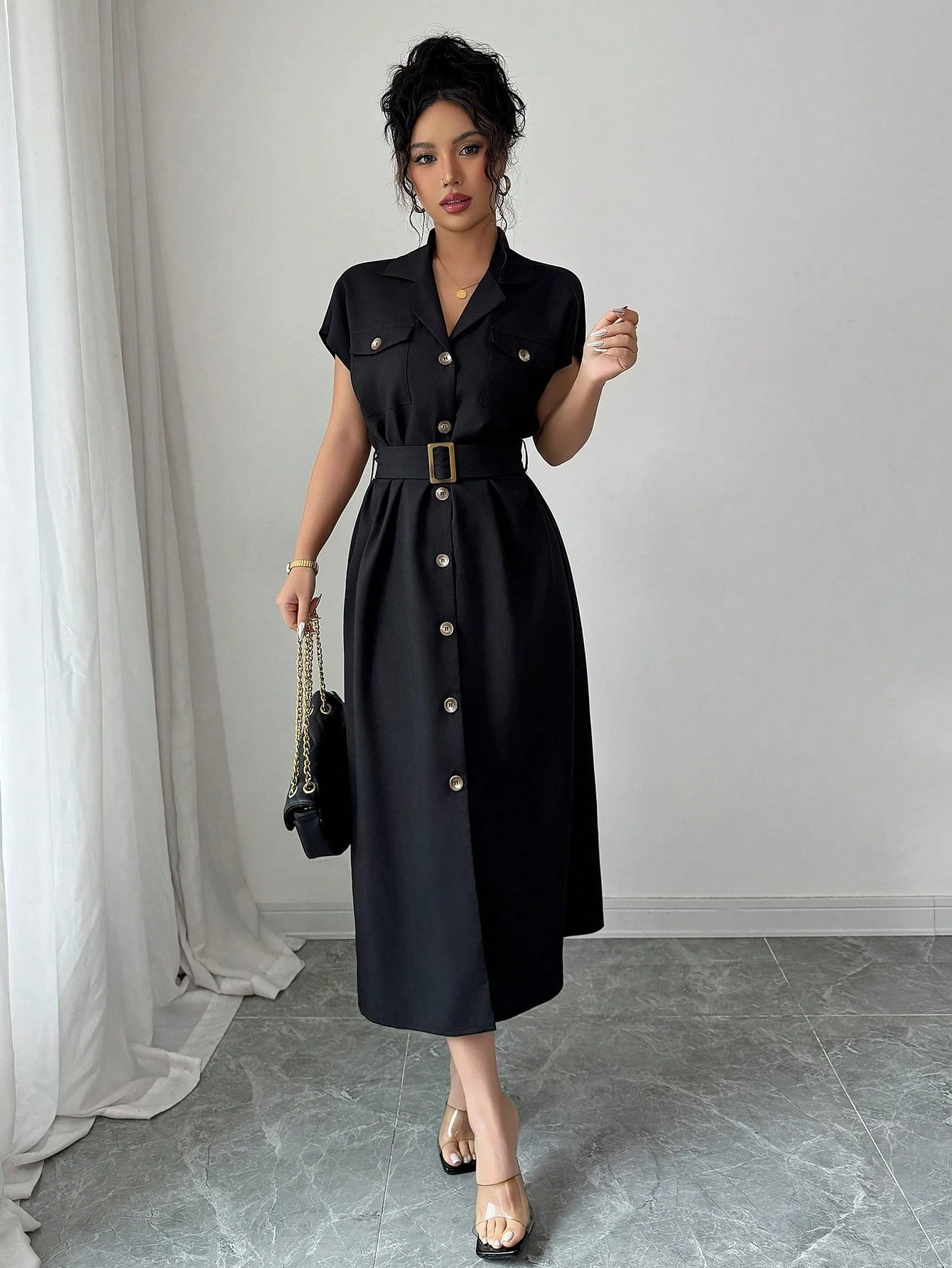 Women 2026 New Summer A-Line with Belt Elegant Slimming Midi Dress Short Sleeve Casual Gown Dress