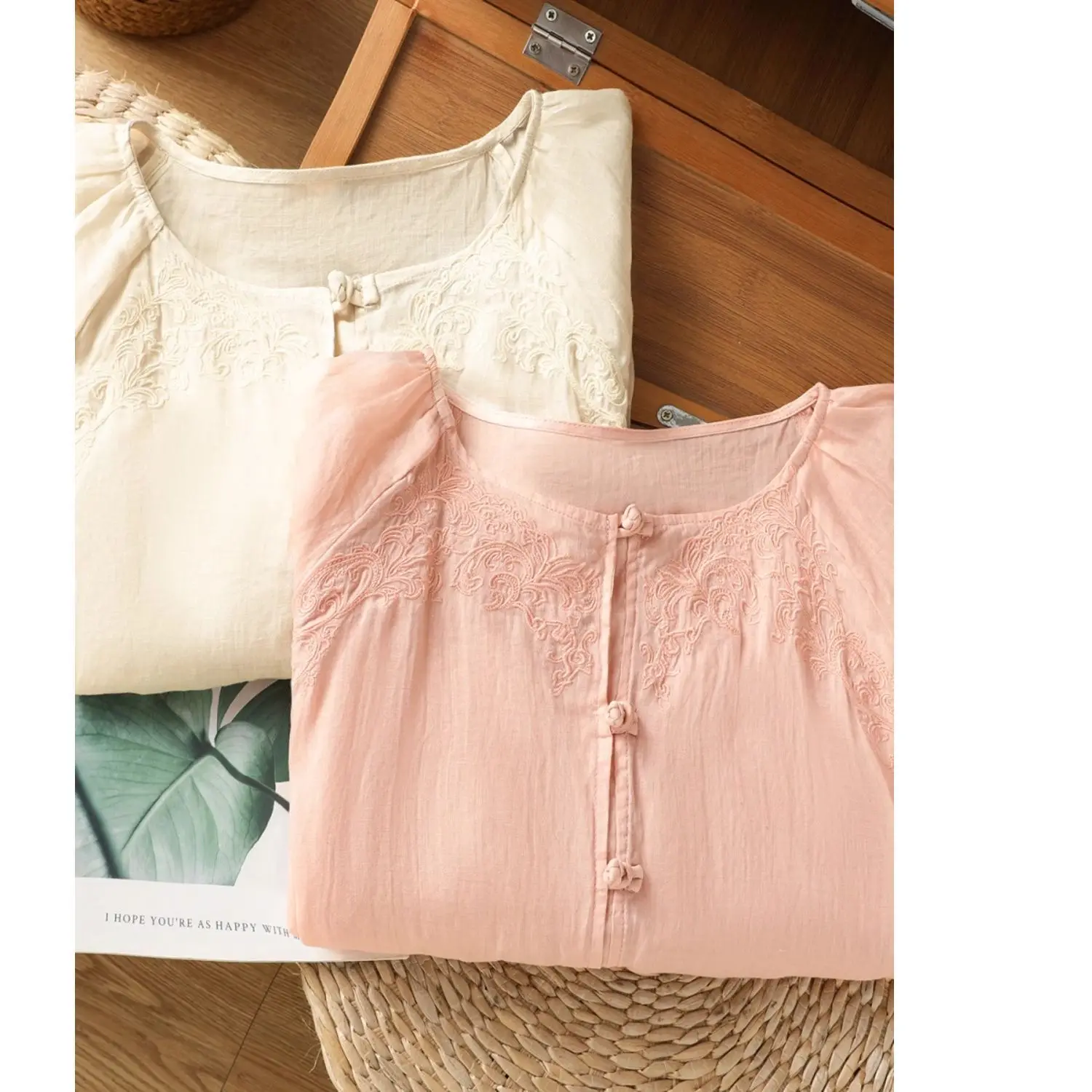 Summer Cotton Linen Women's Blouse Loose Button Tee O-Neck Thin Shirt Three-quarter Sleeve Top Solid Retro Chinese Tea Clothing