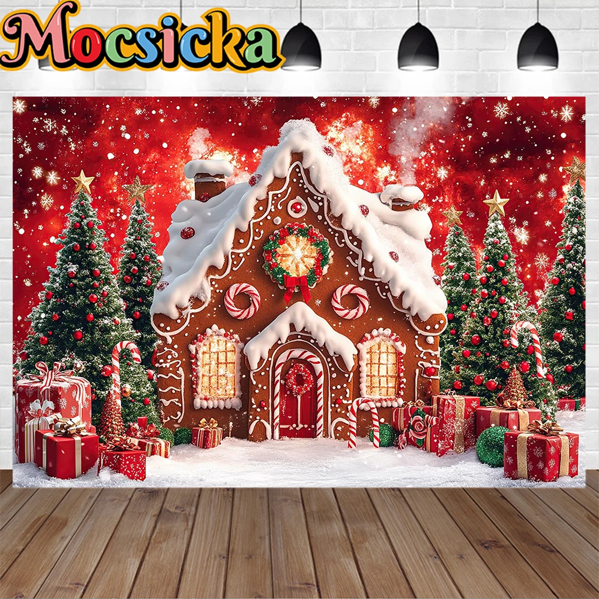 

Christmas Gingerbread House Background Photography Candy Cane Gift Xmas Tree Snowflakes Backdrop Booth Kids Photo Birthday Photo