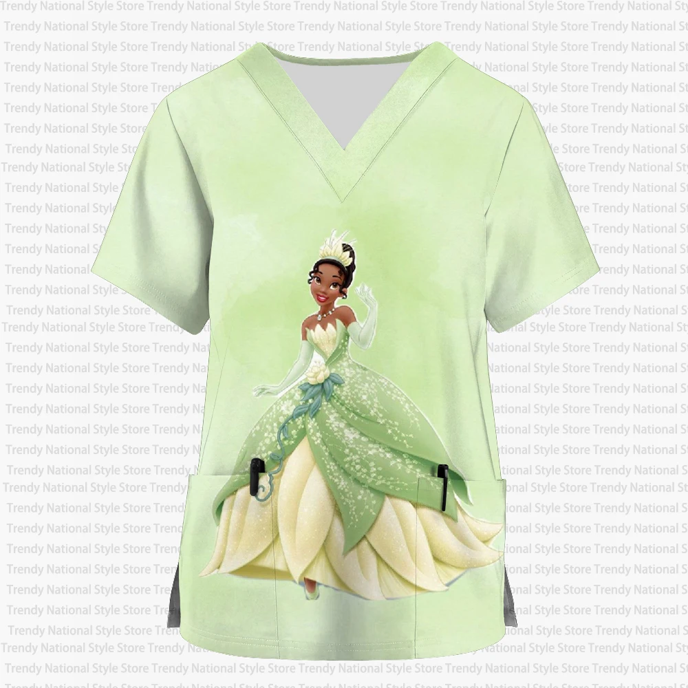 Damen 2026 Neues Disney Princess Tiana Cartoon Print V-Ausschnitt Tasche Frosted Top Medizinische Krankenschwester Arbeitsuniform Schönheitssalon T-Shirt