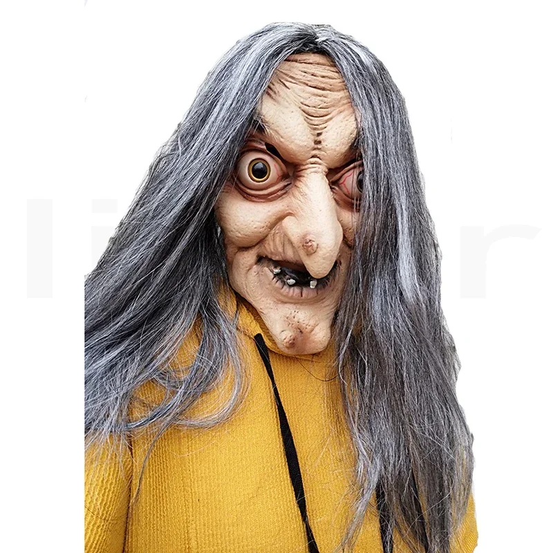 A Scary Old Witch Mask Latex with Hair Halloween Fancy Dress Grimace Party Costume Cosplay Masks Props Adult One size