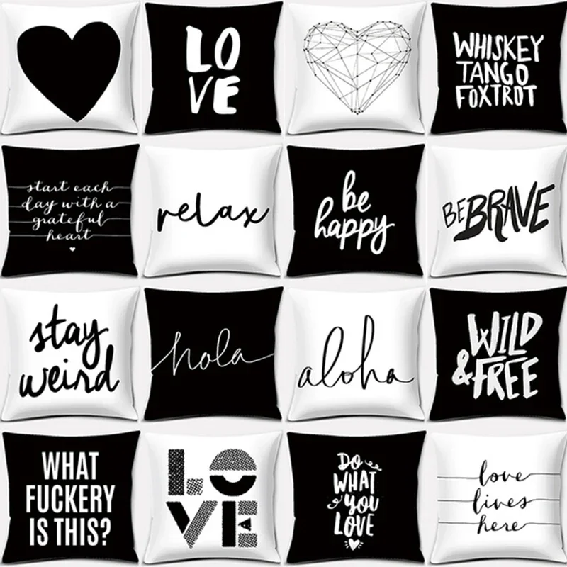 Black and White English Sentence Printing Series Pattern Pillowcase Square  Home Office Decoration Pillow Case