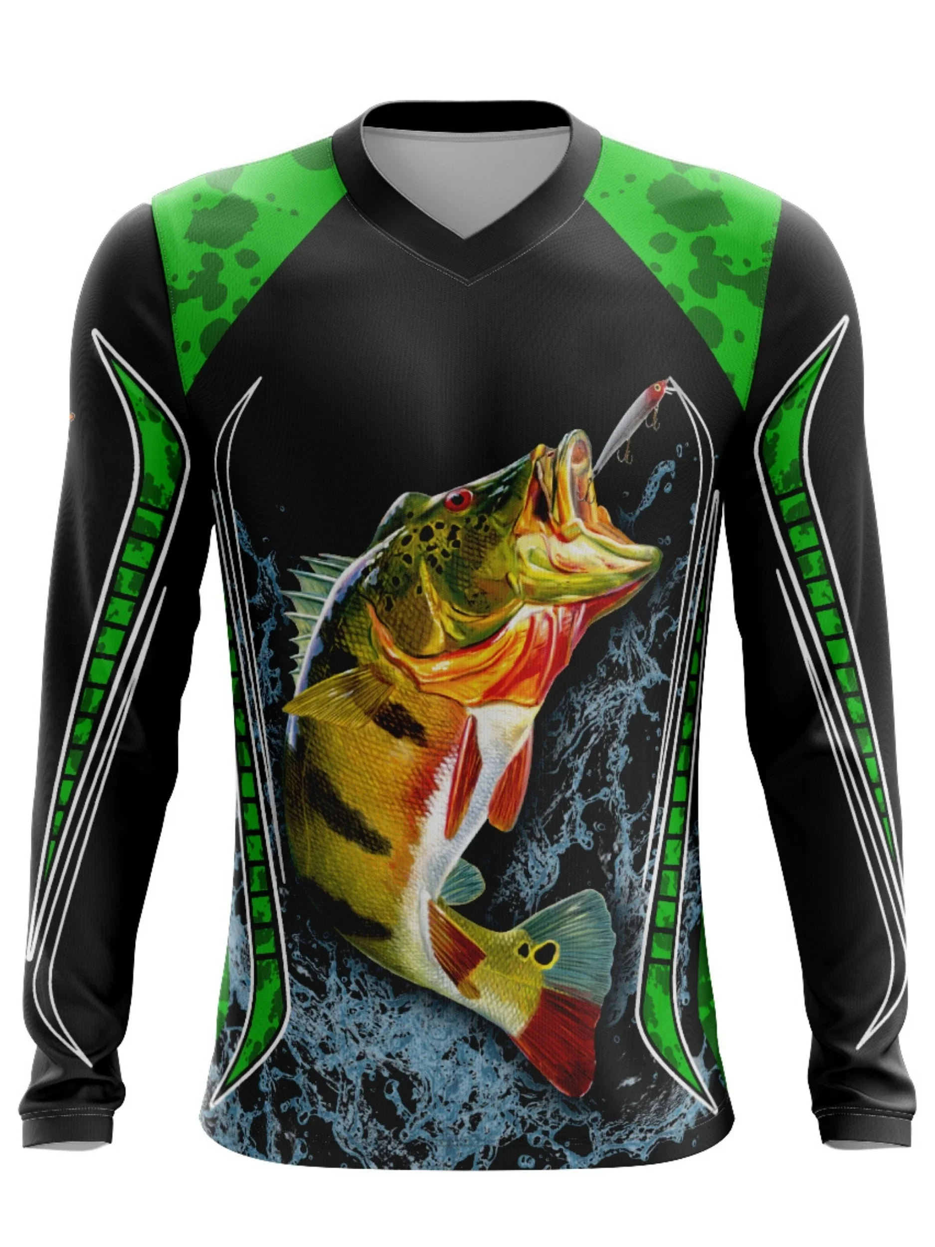Men's Quick-Dry Fishing Shirt - Moisture-Wicking, Long Sleeve Rash Guard with Fish Design, Perfect for Hiking & Outdoor