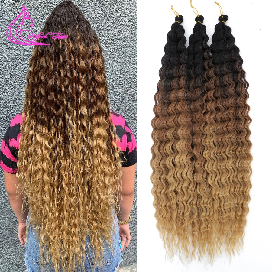 สังเคราะห์ Curly Braids Water Wave 22 30นิ้วยาวถักผม Ombre สีบลอนด์สีน้ำตาลสีชมพู Deep Wave Braiding Hair Extensions