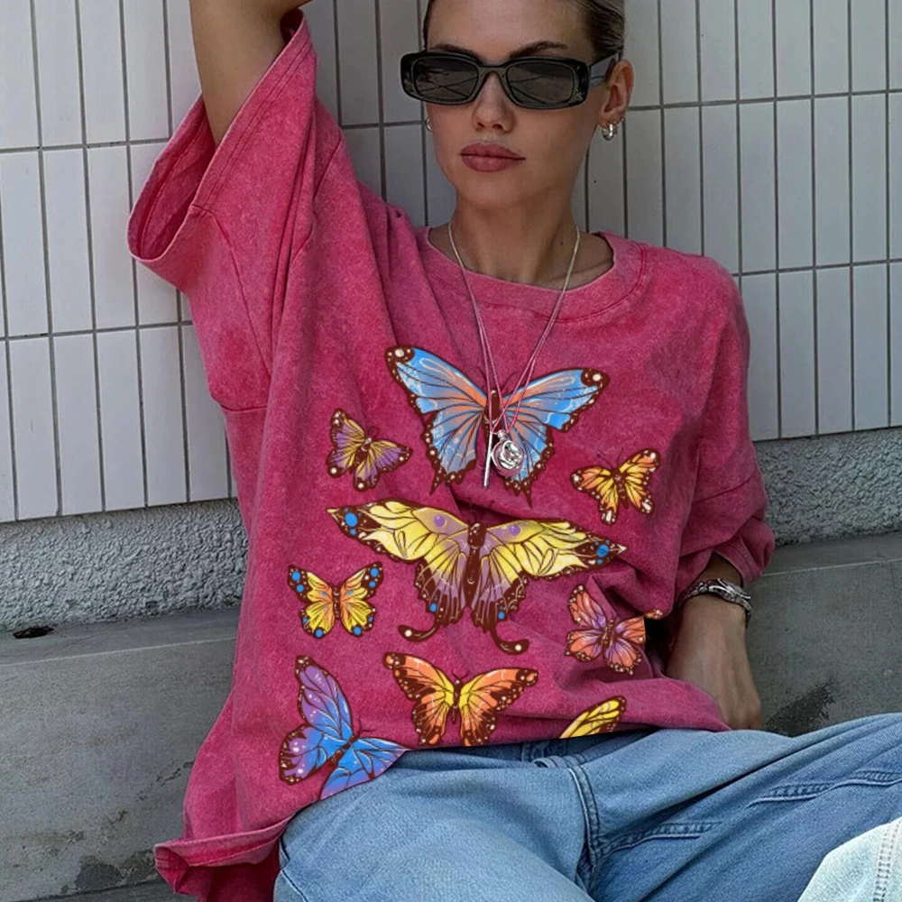 Fashion Ins Style T-Shirt Rich Contrasting Color Butterfly Print Shoulder Down Do Old Washing Trend New Summer Short Sleeves