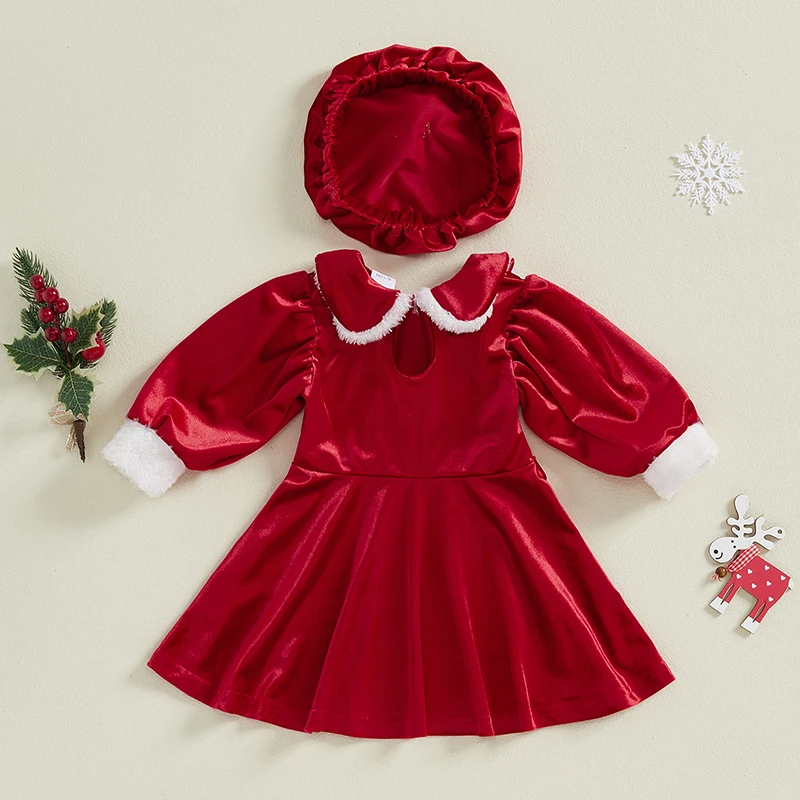 Vestido de princesa de una línea de Navidad para niñas Vestido de Papá Noel con cuello de muñeca de manga larga y sombrero